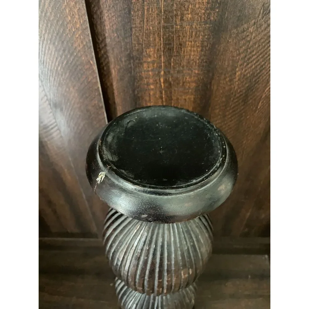 Vintage Hand Carved Wooden Floor Candle Holder | Rustic Ribbed Candlestick boho